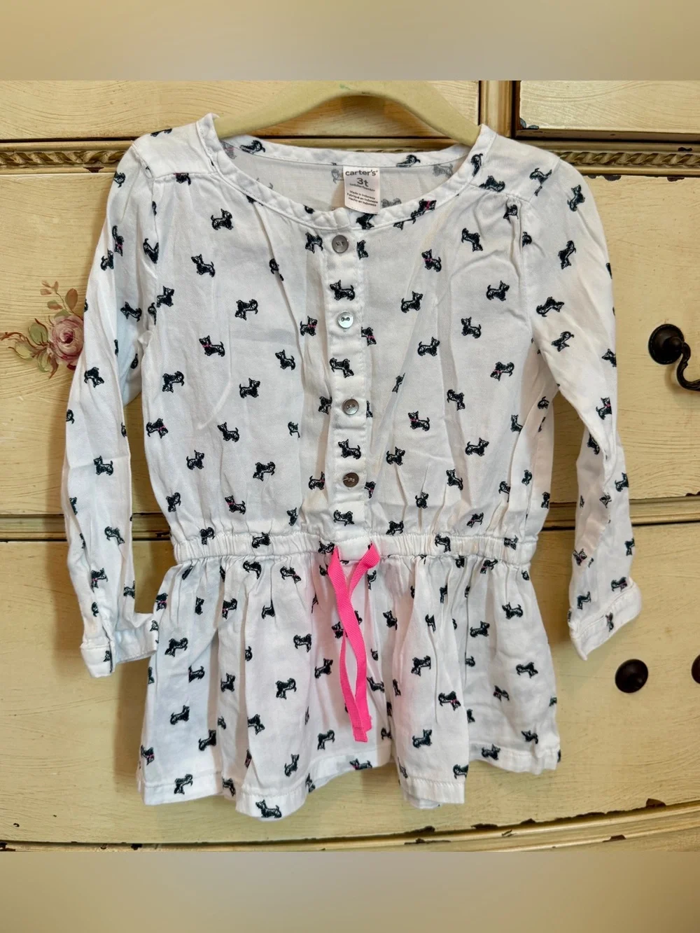 Carter's White Long-Sleeve Dress with Black Dog Print and Pink Tie
